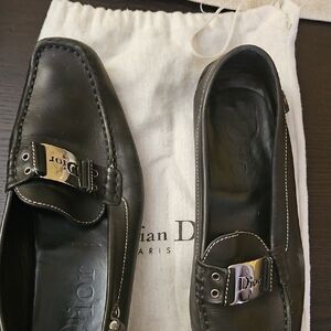Dior Black Leather Men’s Slip-On Loafers with Branded Silver Buckle